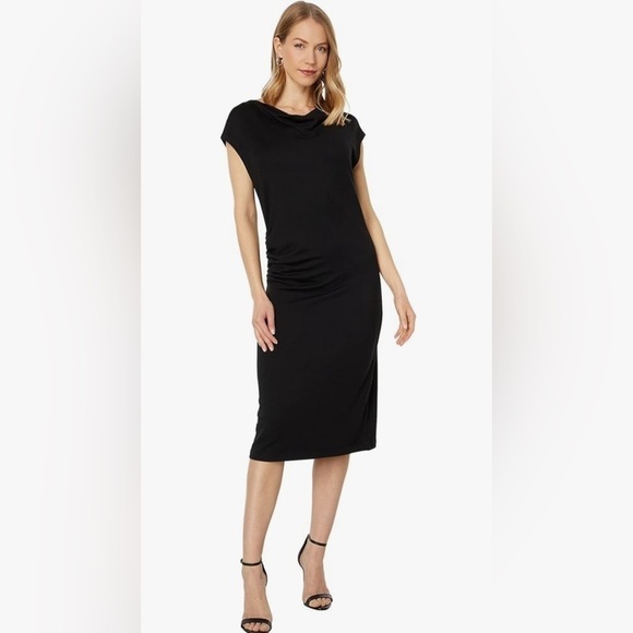 Vince Cowl Neck Draped Black Jersey KnitMidi Dress Size M